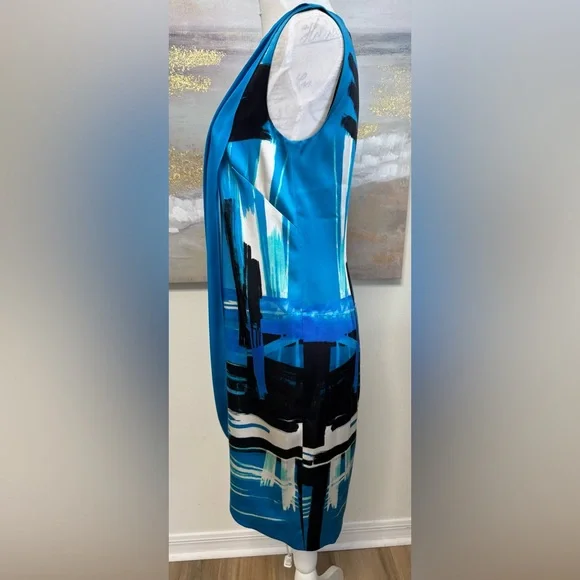 ST JOHN Brushstroke Stretch Silk Charmeuse Draped Cyan/Black Dress, Size 2 - Picture 10 of 16